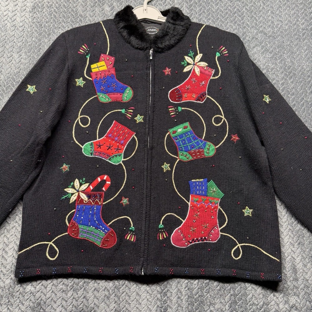 Designers Originals Studio L‎ Christmas Stocking Embellished Zip Sweater Black